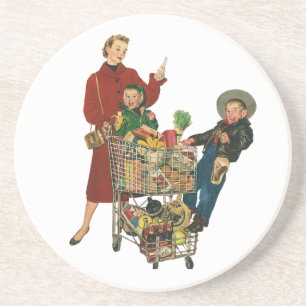 Retro Family, Mum and Kids, Cart Grocery Shopping Coaster