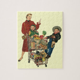 Retro Family, Mum and Kids, Cart Grocery Shopping Jigsaw Puzzle