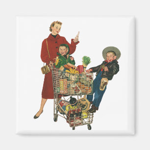 Retro Family, Mum and Kids, Cart Grocery Shopping Magnet