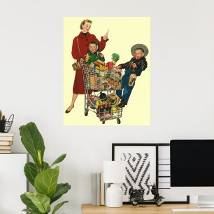 Retro Family, Mum and Kids, Cart Grocery Shopping Poster