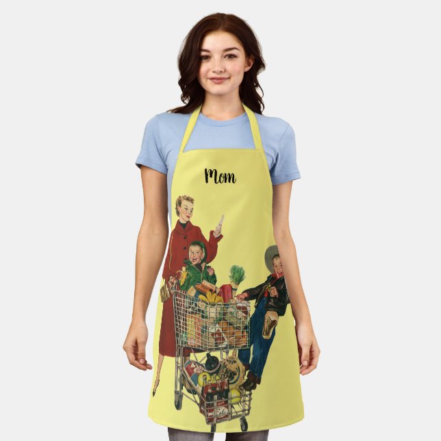 Retro Family, Mum and Kids Grocery Shopping Cart Apron (Worn)