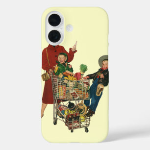 Retro Family, Mum and Kids Grocery Shopping Cart iPhone 16 Case