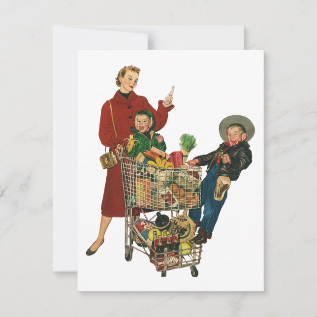 Retro Family, Mum and Kids Grocery Shopping Cart Invitation (Front)