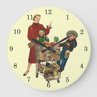 Retro Family, Mum and Kids Grocery Shopping Cart Large Clock