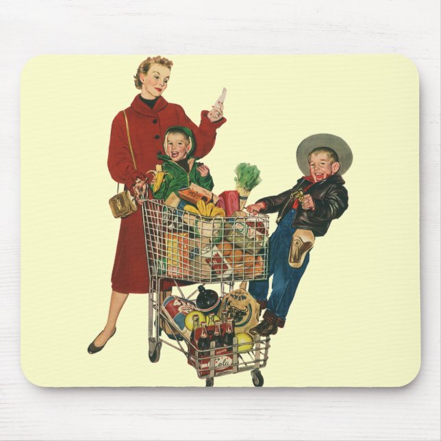 Retro Family, Mum and Kids Grocery Shopping Cart Mouse Mat (Front)