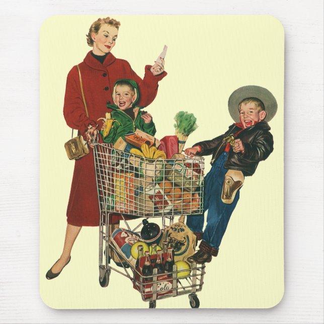 Retro Family, Mum and Kids Grocery Shopping Cart Mouse Mat (Front)