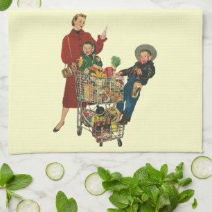 Retro Family, Mum and Kids Grocery Shopping Cart Tea Towel