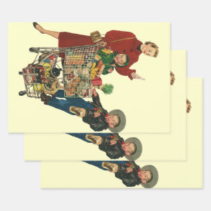 Retro Family, Mum and Kids Grocery Shopping Cart Wrapping Paper Sheet