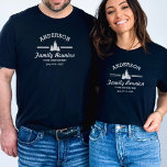 Retro Family Reunion or Trip | Rustic Pine Trees T-Shirt<br><div class="desc">Perfect for your upcoming family reunion or get together. This retro style design features a white logo with 3 pine trees and your name. Personalise further with 3 lines of custom text - add "Family Reunion, Family Trip, location, date, or delete. A fun keepsake for a reunion at the lake,...</div>