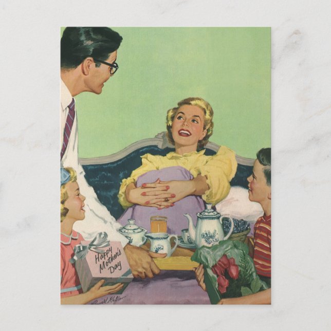 Retro Family Serves Mom Breakfast in Bed Postcard (Front)