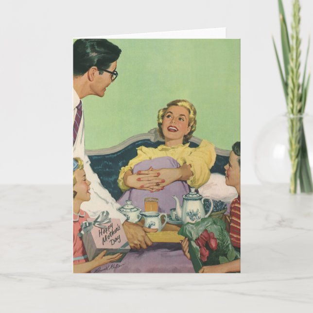 Retro Family Serves Mum Breakfast in Bed Card (Front)
