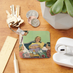 Retro Family Serves Mum Breakfast in Bed Key Ring