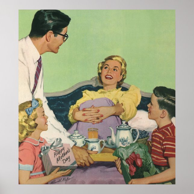 Retro Family Serves Mum Breakfast in Bed Poster (Front)