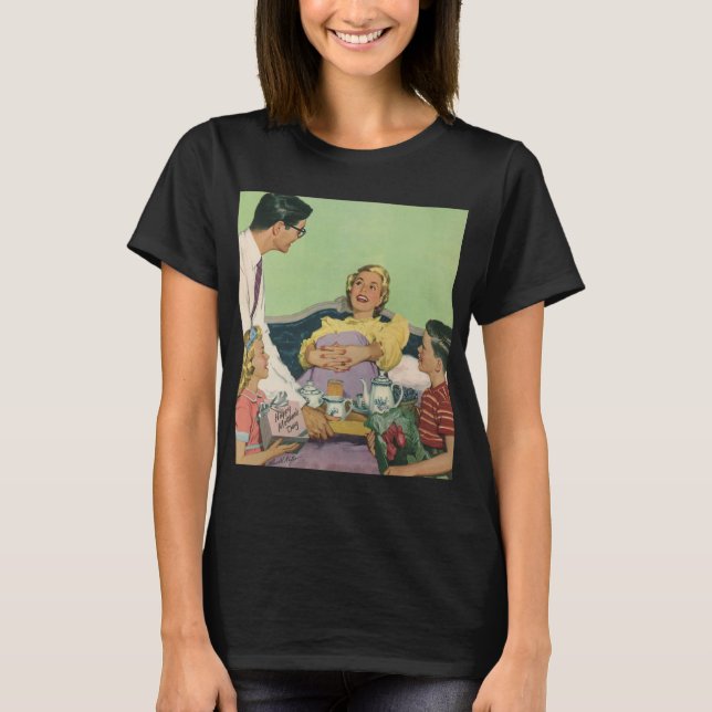 Retro Family Serves Mum Breakfast in Bed T-Shirt (Front)