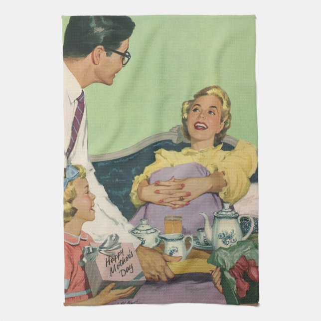Retro Family Serves Mum Breakfast in Bed Tea Towel (Vertical)