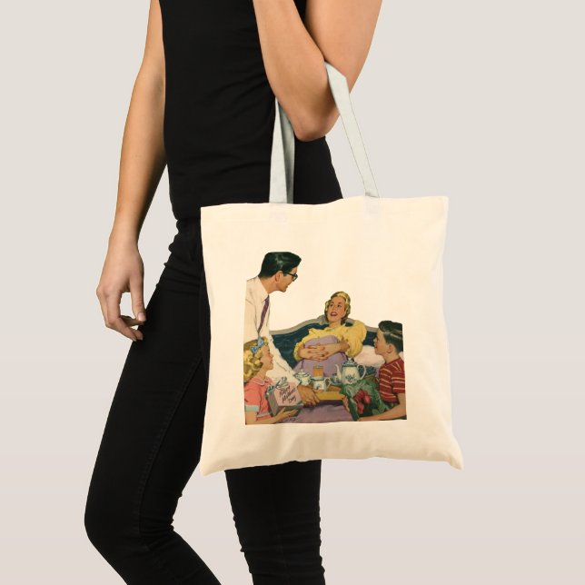 Retro Family Serves Mum Breakfast in Bed Tote Bag (Front (Product))