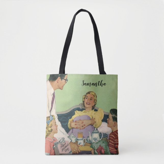 Retro Family Serves Mum Breakfast in Bed Tote Bag (Front)