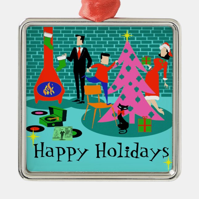 Retro Family Trimming the Christmas Tree Ornament (Front)