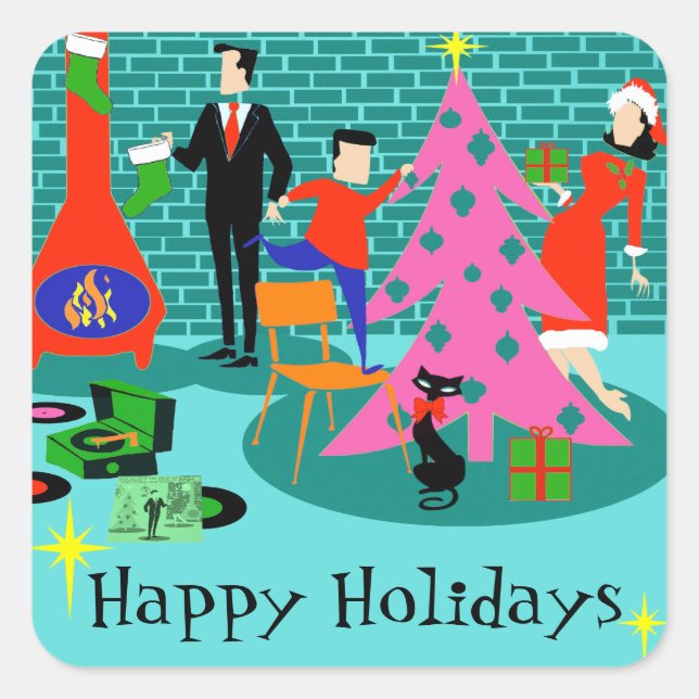 Retro Family Trimming the Christmas Tree Stickers (Front)