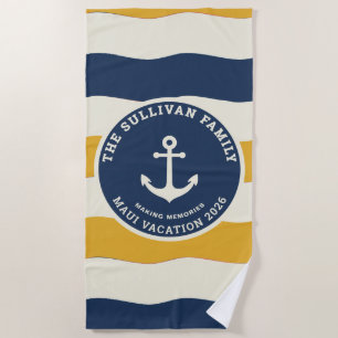 Retro Family Vacation Nautical Wave Anchor Badge Beach Towel