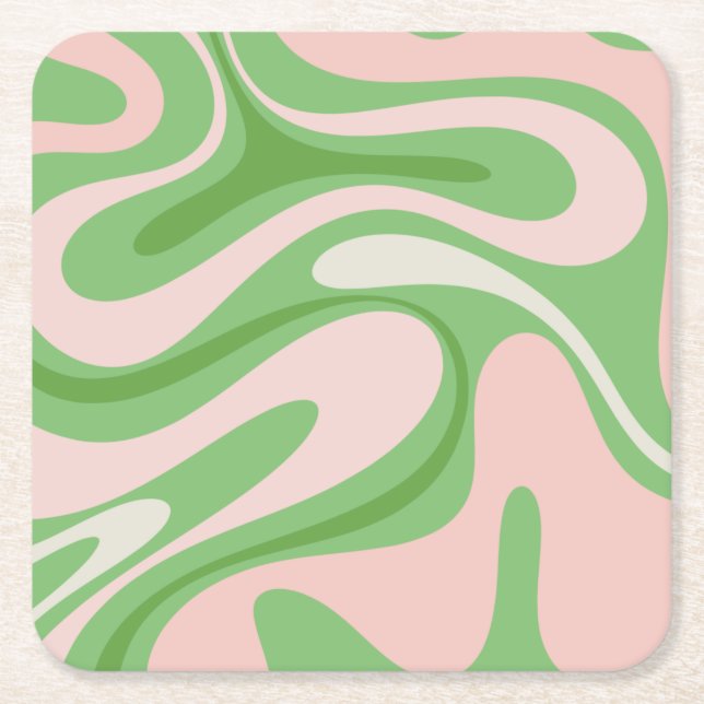 Retro Fantasy Swirl Abstract Pattern Green Pink Square Paper Coaster (Front)