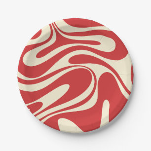Retro Fantasy Swirl Abstract Pattern Red & Cream Paper Plate