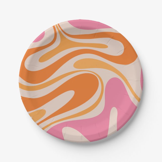 Retro Fantasy Swirl Abstract Pink Orange Cream Paper Plate (Front)