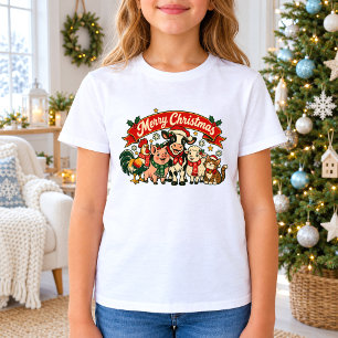 Retro Farm Animals Merry Christmas Kids T-Shirt