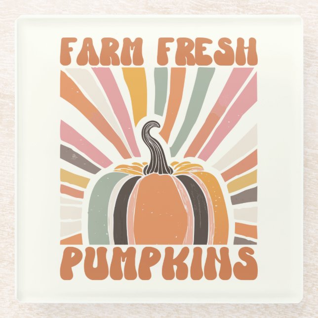 Retro Farm Fresh Pumpkins Glass Coaster (Front)