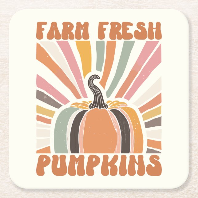 Retro Farm Fresh Pumpkins Square Paper Coaster (Front)