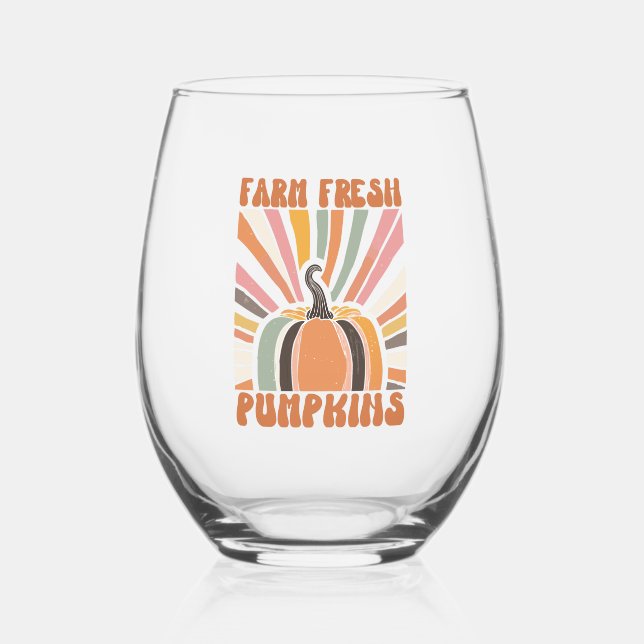 Retro Farm Fresh Pumpkins Stemless Wine Glass (Front)