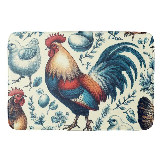 Retro Farm Rooster Pattern Bath Mat (Front)