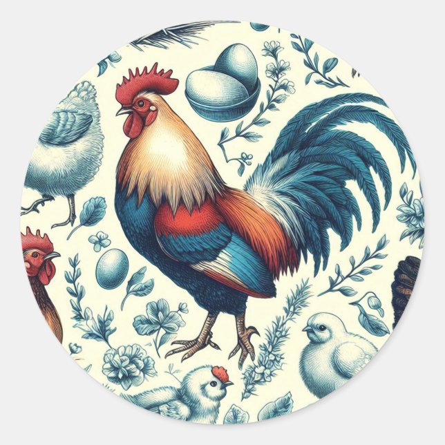 Retro Farm Rooster Pattern Classic Round Sticker (Front)