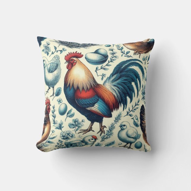 Retro Farm Rooster Pattern Cushion (Front)