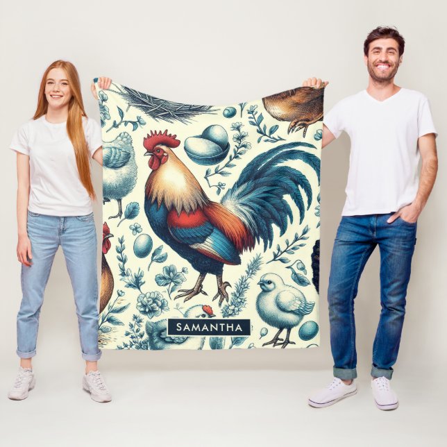 Retro Farm Rooster Pattern Fleece Blanket (In Situ)
