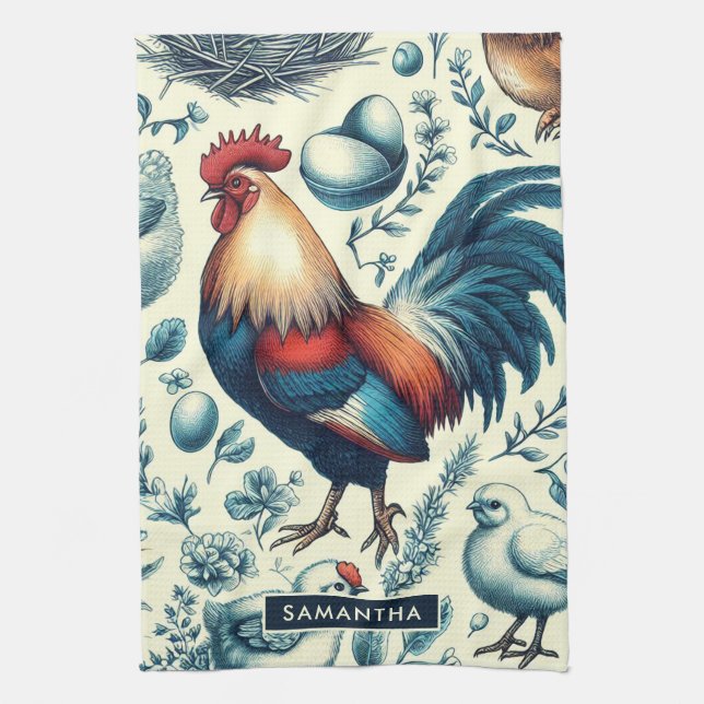 Retro Farm Rooster Pattern Tea Towel (Vertical)