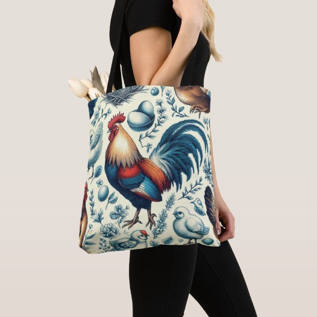 Retro Farm Rooster Pattern Tote Bag (Close Up)