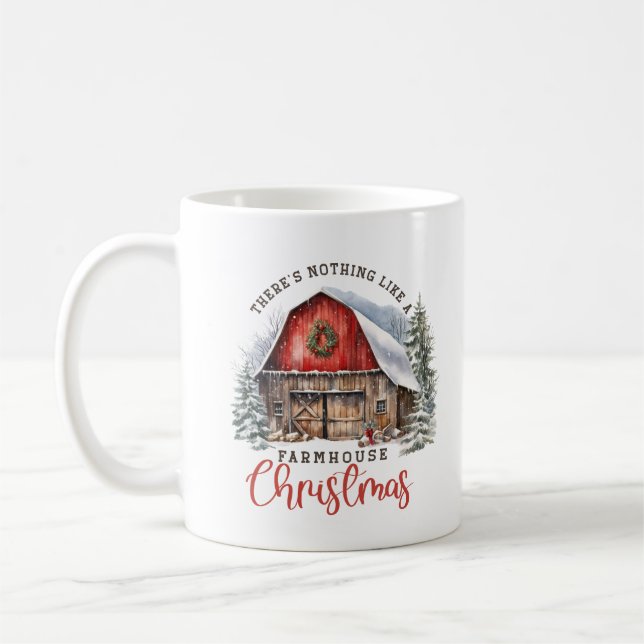 Retro farmhouse Christmas red barn cosy scene Coffee Mug (Left)