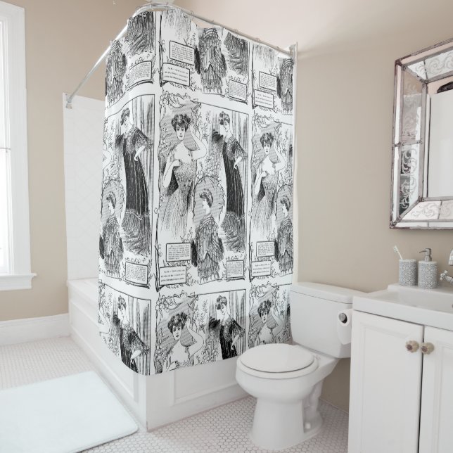 Retro fashion illustration collage shower curtain (In Situ)