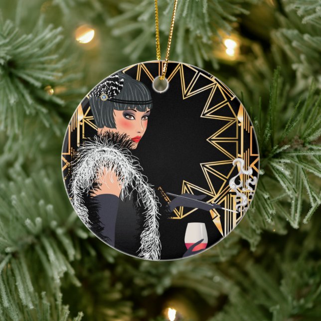 Retro fashion woman with glass of wine  ceramic tree decoration (Tree)