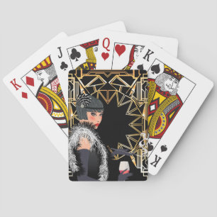 Retro fashion woman with glass of wine playing cards