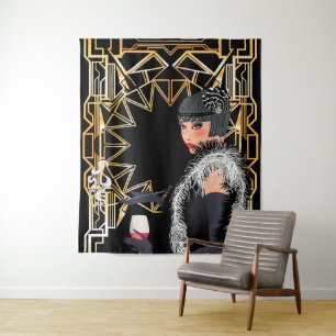 Retro fashion woman with glass of wine tapestry