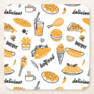 Retro Fast Food Hand Drawn Sketch Pattern Square Paper Coaster