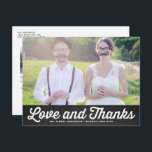 Retro Faux Chalkboard Photo Wedding Thank You Postcard<br><div class="desc">Give your thank-you cards a fun, nostalgic touch with this custom horizontal photo wedding thank you card. Designed with bold retro-inspired "love and thanks" typography over your favourite wedding photo, this card combines vintage charm with modern personalisation. Add your photo, names, and a custom message to create a stylish and...</div>