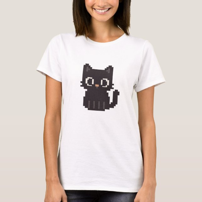 Retro faux cross-stitch pixel art Black Cat T-Shirt (Front)