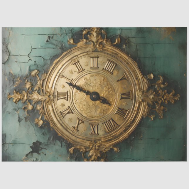 Retro faux gold clock turquoise background tissue paper (Front)
