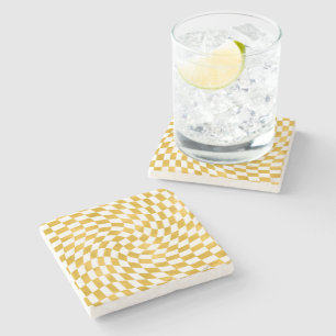 Retro Faux Gold Foil Checks Warped Chequerboard Stone Coaster