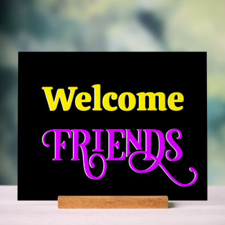 Retro FAUX Neon Welcome Friends Yellow and Purple Acrylic Sign