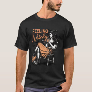 Retro Feeling Witchy Girl Black Cat Lover Spooky H T-Shirt