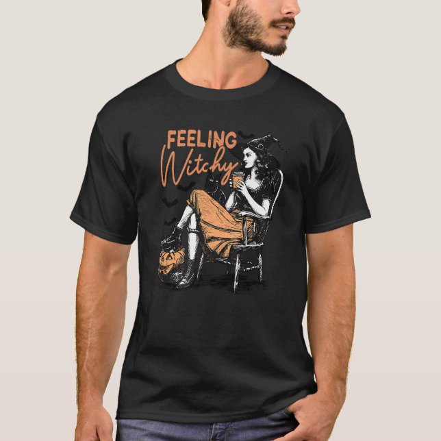 Retro Feeling Witchy Girl Black Cat Lover Spooky H T-Shirt (Front)